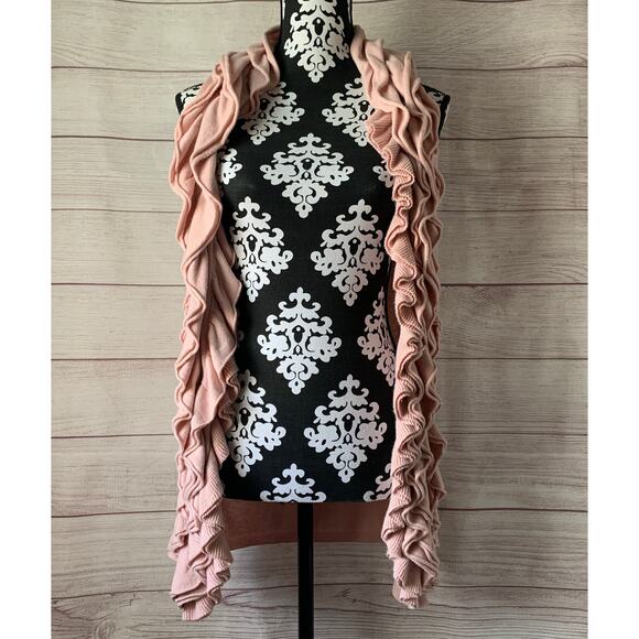 Romeo & Juliet Couture Pink Ruffled Cardigan Sweater Open Front Size Medium - Picture 2 of 14